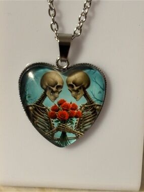 NEW Skeleton Lovers Heart Necklace Till Death Do Us Part Roses Gothic